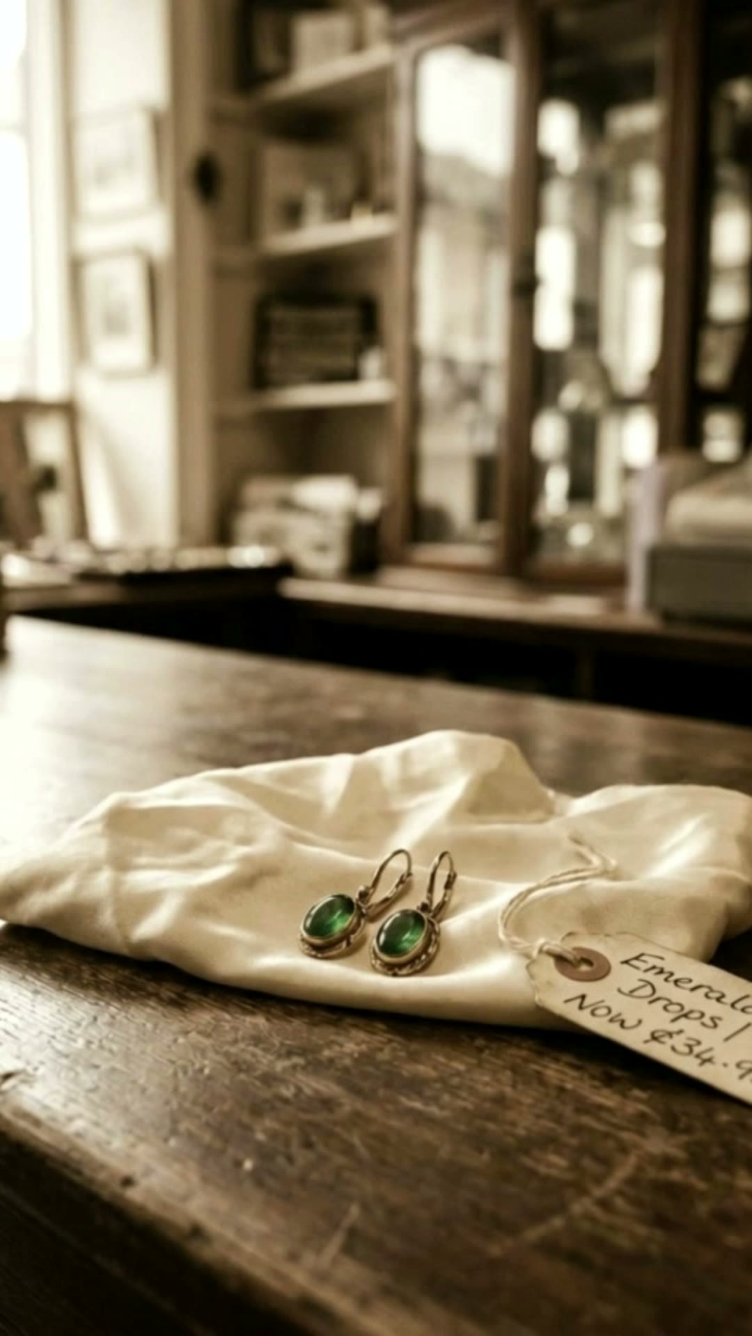 Emerald drop earrings on linen